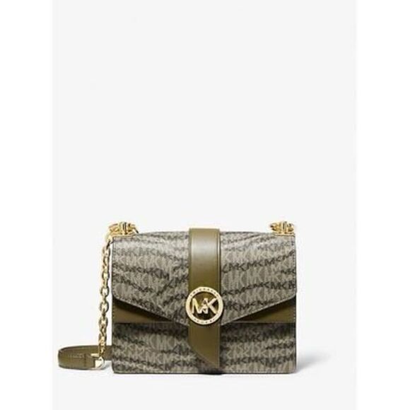 Michael Kors Olive Animal Print Signature Logo Greenwich Small Crossbody Bag - Picture 1 of 3